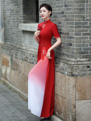 Catwalk Cheongsam 2022ใหม่สีแดงปรับปรุง Elegant และ Dignified Performance เครื่องแต่งกายสไตล์จีน Aodai Cheongsam