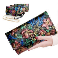 3d Flowers Embossing Womens Genuine Leather Long Purse Large Ladies Retro Clutch Wallets with Shoulder Chain Phone Holder