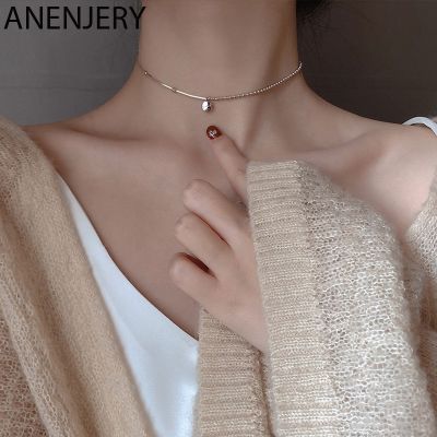 ANENJERY 925 Sterling Silver Simple LUCKY Beads Necklaces For Women Short Chain choker collares S-N554