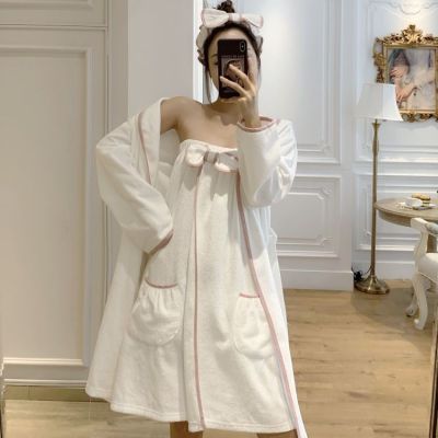 【Ready】🌈 Pure cotton bath towel womens nightgown bath skirt wrapped chest adult bathrobe Korean version cute student absorbs water and does not shed hair three-piece set