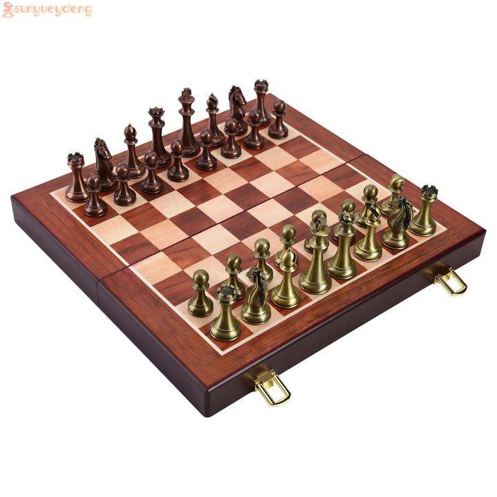 International Chess Set Folding Wooden Chess Board Classic Metal Pieces ...