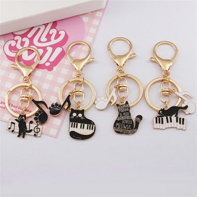 Cute Enamel Cat And Musical Note Keychain Black White Keys On The Piano Keyring For Women Men Concert Jewelry Gift For Friend