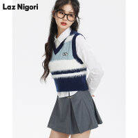 Laz Nigori เสื้อกั๊กคอวีคอวีขนสัตว์ตัดมิ้งค์เทียมสีตัดกันลายทางสไตล์มหาลัยสำหรับฤดูใบไม้ผลิเสื้อกั๊กระดับเอวสั้น