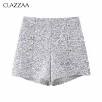 CLAZZAA ชุดกางเกงขาสั้นเอวสูงอฟฟิศผิวสัมผัสแฟชั่นสำหรับผู้หญิงมีซิปด้านข้างมีกระดุมกางเกงขาสั้นธุรกิจ