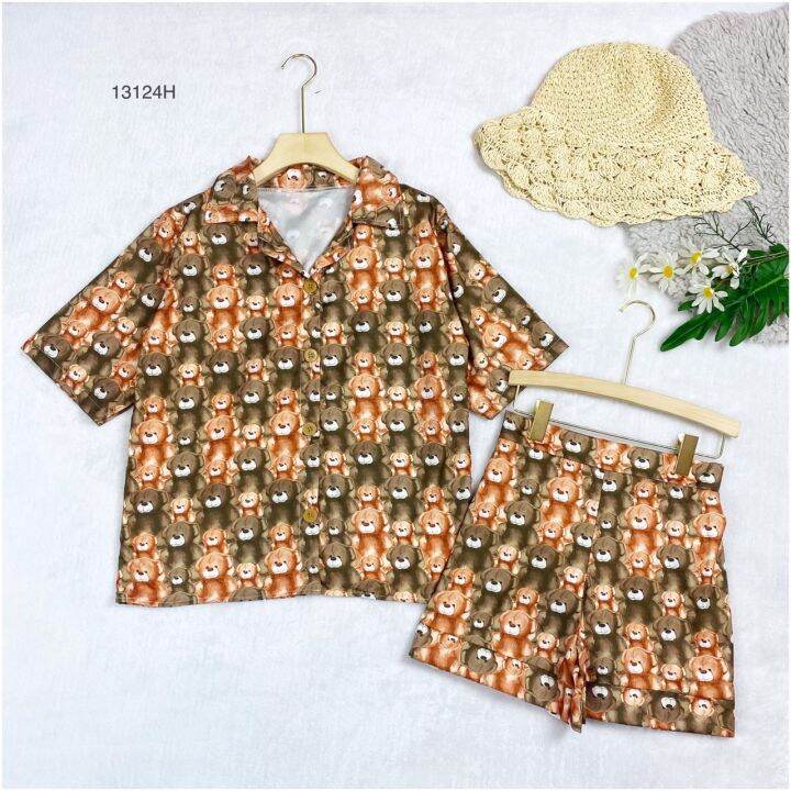 tw13124-set-2-ชิ้น-เสื้อเชิ๊ต-กางเกงขาสั้นพิมพ์ลายหมี