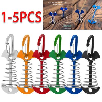 1-5 PCS Spring Fishbone Deck Pegs Tent Stakes Awning Anchor Wind Rope Buckle with Carabiner Deck Fixed Nails Camping Tent Hooks