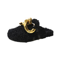 LadySwell Women Luxury Brand Shoes with Metal Chain Furry Sheep Wool Mules Slide Teddy Fur Slippers Outdoor Birken Sandals