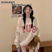 DUOHANZI เสื้อกันหนาวบางผ้าฝ้าย100% 260กรัมสำหรับเสื้อผู้หญิงคอกลมปักตัวอักษรและแถบด้านหลัง