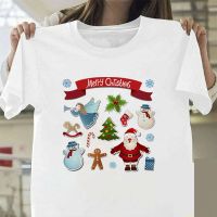 เสื้อยืดผ้าฝ้ายเสื้อยืดผ้าฝ้าย เสื้อยืดคริสต์มาสMerry Christmas TShirt Summer Cartoon Santa Claus Women Round Collar White Short Sleeve