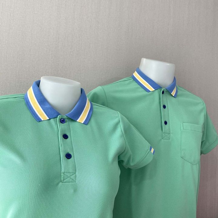 polo-shirt-เสื้อโปโล-ผ้าไมโครแอร์-micro-plus-สีเขียวมิ้นท์-ปกขลีปฟ้าเหลือง-สวมใส่สบาย-แบบคลาสสิค-ไม่เหมือนใคร-เหมาะสำรับอากาศในประเทศไทย