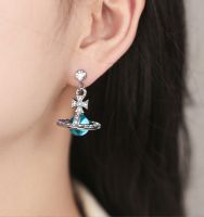 ต้นฉบับ Vivienne Westwood NGBB pair blue cosmic Saturn full diamond earrings high version super flash gradient three-dimensional orb medium necklace