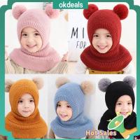 OKDEALS ใหม่ กันลม อบอุ่นคู่ ผ้าพันคอหมวก หมวกหมวก หมวกถักเด็กฤดูหนาว หมวกฮู้ดเด็ก