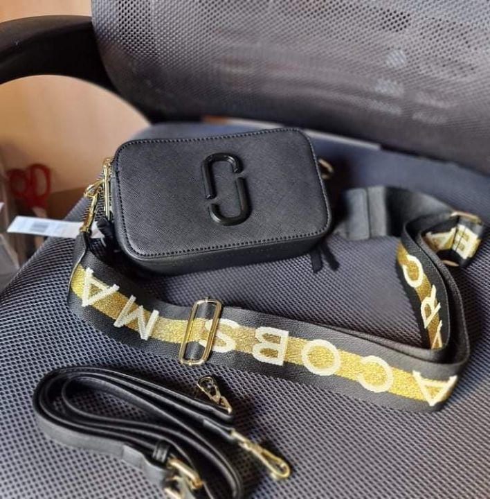 Black Ceramic Leather Women's Snapshot Small Camera Crossbody Bag With Logo  Strap