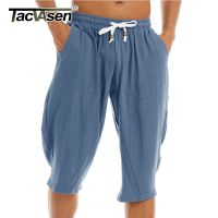 TACVASEN Casual Linen Capri Long Shorts Loose Fit Mens Cotton Linen Harem Shorts Below Knee Baggy Capri Yoga Fitness 3/4 Pants