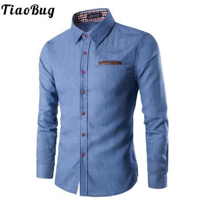 ZZOOI Mens Long Sleeve Denim Shirt Slim Fit Turn-Down Collar Button-Up Shirts Plaid Neckline Cuffs Casual Tops Work Shirt