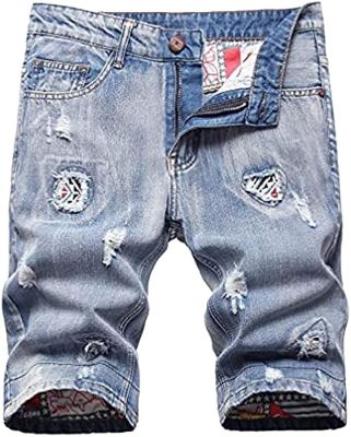 Mens Fashion Printed Destroyed Jean Shorts Classic Rugged Stretch Shorts Jeans Modern Slim Cotton Denim Shorts