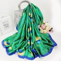 2021 Summer 180X90CM Handkerchief Female Dustproof Beach Towel Popular Green Print Silk Scarves Fashion Peacock Sunscreen Shawls