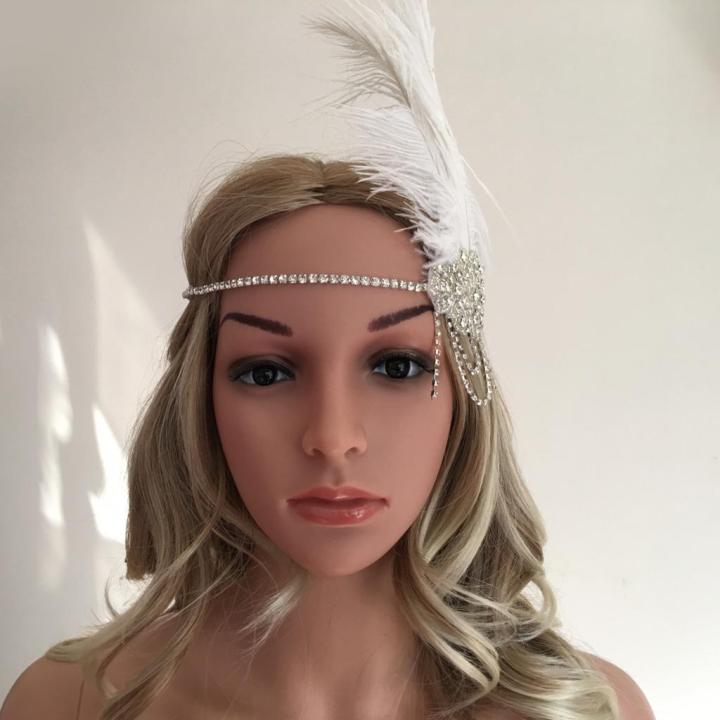 lazaralife-1920-s-vintage-rhinestone-ที่คาดผมวัยรุ่น-headpiece-พร้อมขนนกสีขาว