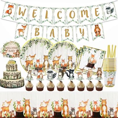 [HOT QIKXGSGHWHG 537] Woodland สัตว์ Disposable Tableware สัตว์ป่าปาร์ตี้แผ่น Baby Shower 1st Birthday Party ช้อนส้อม Sage กระดาษเช็ดปากถ้วย