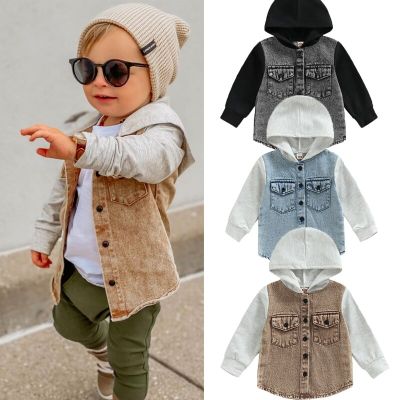 FOCUSNORM 0-4Y Kid Boy Autumn Jacket Coat Long Sleeve Hooded Pockets Buttons Color Patchwork Denim Outwear 3 Colors