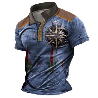 Mens Vintage Polo Shirts 3d Print Compass Shirt Lapel Male Casual Golf Clothing Summer Man Short Sleeve T-Shirt Holiday Tee Top Towels