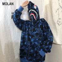 MOLAN เสื้อฮู้ดผู้ชายเสื้อกีฬาฉลามอำพรางวินเทจสำหรับทั้งหญิงและชายแฟชั่นหลวมเสื้อแจ็กเก็ตบางฤดูใบไม้ผลิและฤดูใบไม้ร่วง