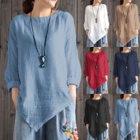 COD dhdfxcz S Q S-5XL Womens Plus Size Blouse Vintage Round Neck Irregular Hem Cotton Linen Loose Tops