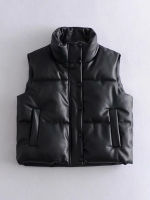 Womens Puffy Vest Down Vest Black Pu Leather Vest Woman Jacket Coat Autumn Winter Outwear Puffer Vest Female Sleeveless Jacket