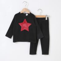 Velour baby clothes long top/ pant set children casual set with star and heart patches kid clothes black color fashion clothes