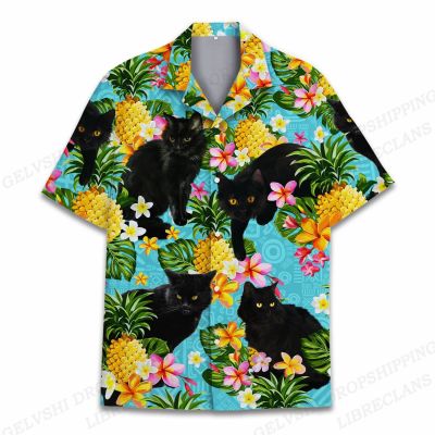 เสื้อลายดอกไม้สำหรับผู้ชายฤดูร้อนเสื้อผู้ชายแฟชั่นเสื้อชายหาดลายแมวเสื้อลำลองฮาวายสำหรับอาชีพชายหญิง