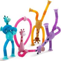 4 Pieces LED escopic Suction Cup Giraffe Toy, Shape Changing escopic Tube Toys, Sensory Toys for Girls Boys