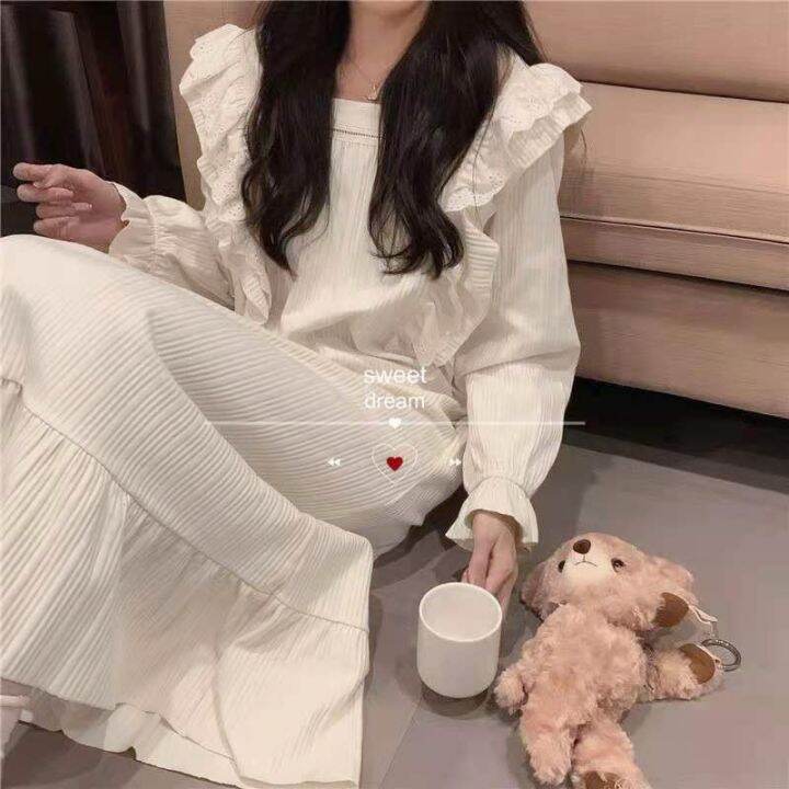 Váy ngủ nữ mùa thu và mùa đông cotton Sinh viên Hàn Quốc size lớn cho