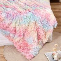 New Double Layer Blanket Winter Cozy Warm Long Plush Rainbow Throw Blanket For Sofa Bed Colorful Furry Fluffy Tie Dye Bedspread