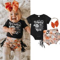 FOCUSNORM Halloween Days 3pcs Baby Girls Boys Clothes Sets 0-18M Pumpkin Letter Short Sleeve Romper+Tassel Shorts Hairband  by Hs2023