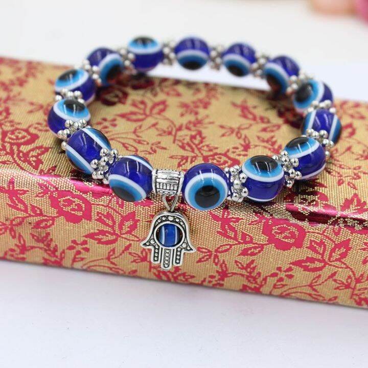 Rinhoo Turkish Hamsa 8mm Beaded Bracelet - Blue Evil Eye Protection, Good Luck Gift (Adjustable)-1136248