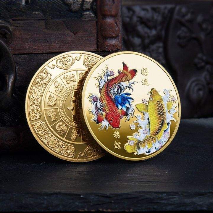 เหรียญสะสมปลา-koi-เหรียญสะสมของจีนมาสคอตนำโชคเงินนำโชคดีของที่ระลึกที่ระลึกเหรียญทอง