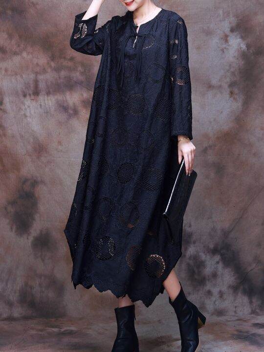 xitao-dress-hollow-out-jacquard-vintage-long-sleeve-dress