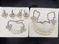 VIVIENNE WESTWOOD High Version Silver Edge Double Bow Saturn Champagne Pearl Earring Necklace Bracelet--C8016