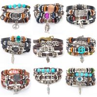 Handmade Boho Gypsy Hippie Design Brown Leather Evil Eye Feather Leather Bracelets Bohemian Style Beaded Multi-layer Wrap Charms and Charm Bracelet