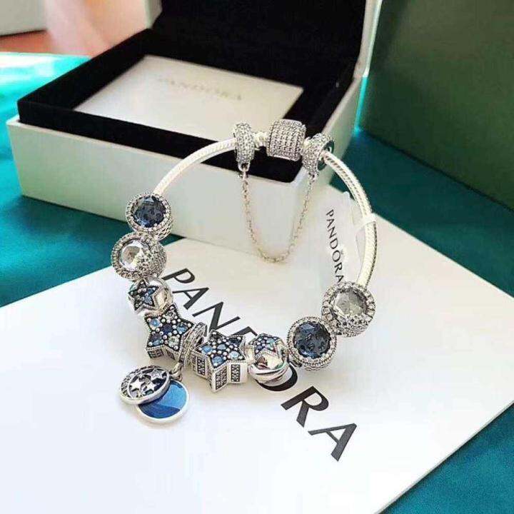 คลังสินค้าพร้อมแฟชั่นpandora-bracelet-canro-starryตาแมวสีฟ้าเงินสเตอร์ลิงสร้อยห่วงโซ่ลายกระดกงูหญิง