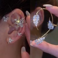 【YF】 New Silver Color Butterfly Feather Ear Clips Without Piercing For Women Sparkling Zircon Cuff Clip Earrings Wedding Jewelry