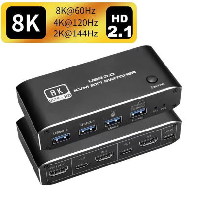 Winstong Tech 8K สวิตช์ KVM สำหรับ HDMI 8K 60Hz 4K 120Hz USB 3.0 2 In 1 Out HDMI 2.1 HDCP 2.3 2ชิ้นแบ่งปันเมาส์และคีย์บอร์ด1ชุด