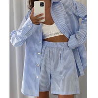 Loung Wear Womens Home Clothes Stripe Long Sleeve Shirt Tops and Loose High Waisted Mini Shorts Two Piece Set Pajamas