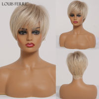 LOUIS FERRE Short Ombre Brown Light Blonde Synthetic Wigs With Side Bangs For Black Woman Cosplay Layered Wig High-Temperature