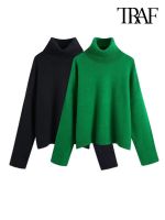 TRAF Women Fashion With Ribbed Trim Loose Knit Sweater Vintage High Neck Long Sleeve Female Pullovers Chic Tops