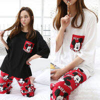 Beautyinggirls เสื้อครึ่งแขนพิมพ์ลายการ์ตูนมิกกี้,เสื้อ + กางเกง3/4ชุดสูทบริการชุดนอนถึงบ้าน