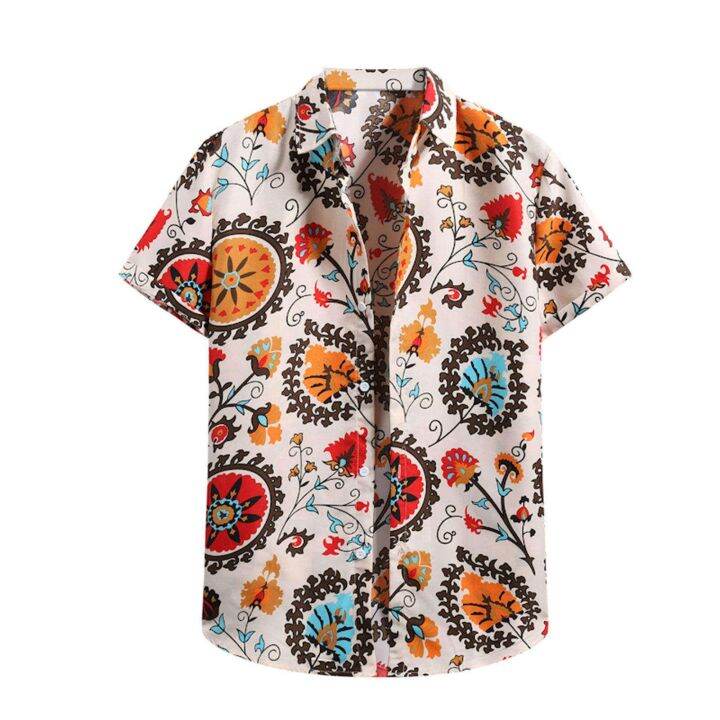 เสื้อยืดผ้าฝ้ายสำหรับผู้หญิงเสื้อเชิ๊ตพิมพ์ลายดอกไม้ระบายอากาศได้ดีใส่2023ผู้ชายใส่กระดุมแขนสั้นเดรสเข้ารูปฮาวายสำหรับวันหยุดเสื้อเชิ๊ตขนาดใหญ่สำหรับผู้ชาย