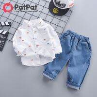 PatPat Toddler 2ชิ้นเด็กวัยหัดเดินเด็กรถพิมพ์ปกปุ่มลงเสื้อแขนยาวและกางเกงยีนส์กางเกงยีนส์ชุด