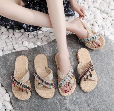new imitation straw tourism female flat heel sandals outside hemp drag beach fashion wedges slippers at the end of a word