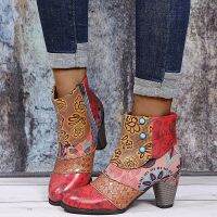 Bohemian Female Martin Boots Women Casual Retro Ethnic Wind Printing High Heels Shoes 2021 New Woman Leather Short Ankle Booties